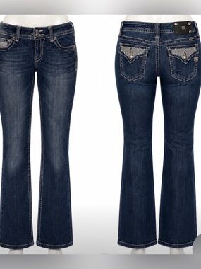 Miss Me Dark Blue Jeans with Embellished Rhinestone Pockets 29 Y2K Glam Bling